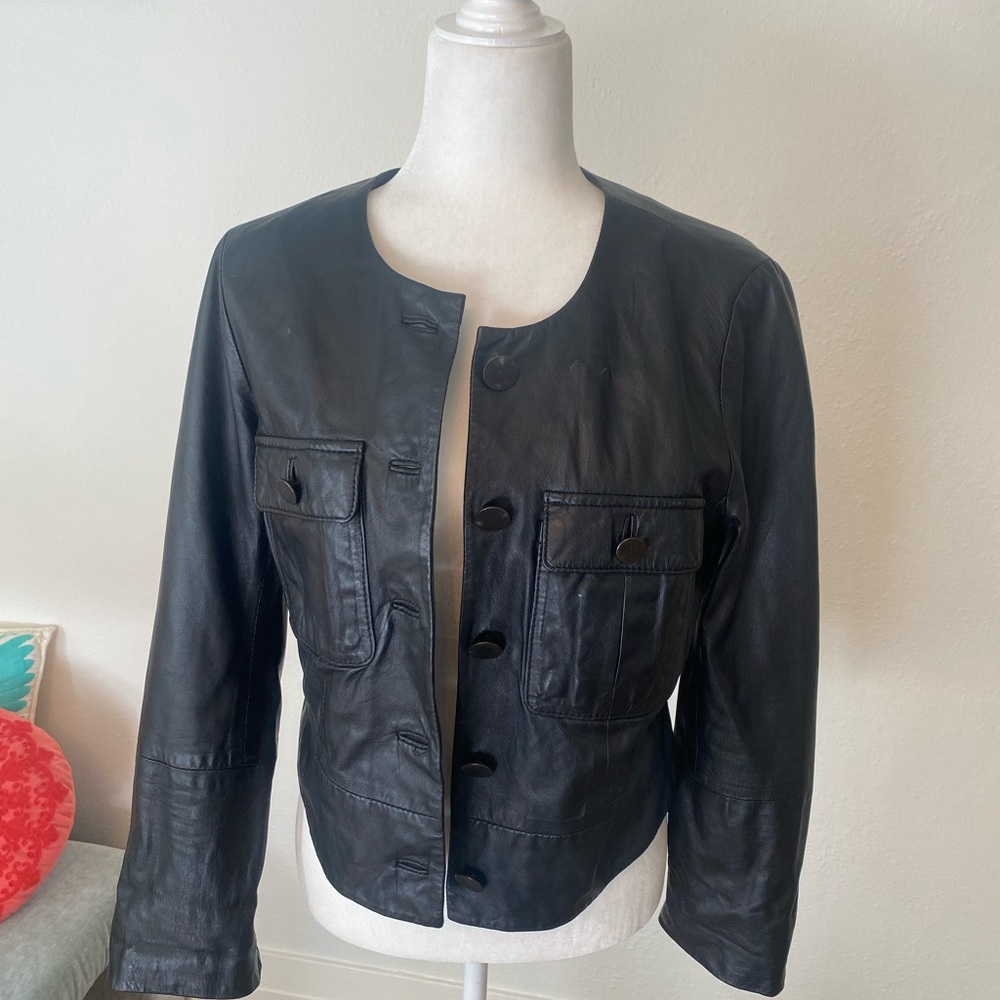 J. Crew Black Leather Jacket with Button Front